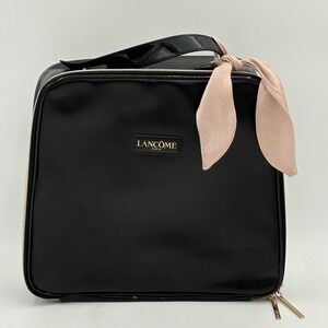 Lancôme Paris Black Makeup Train Case Bag Gold Zip Pink Scarf 11x11x4 Cosmetic